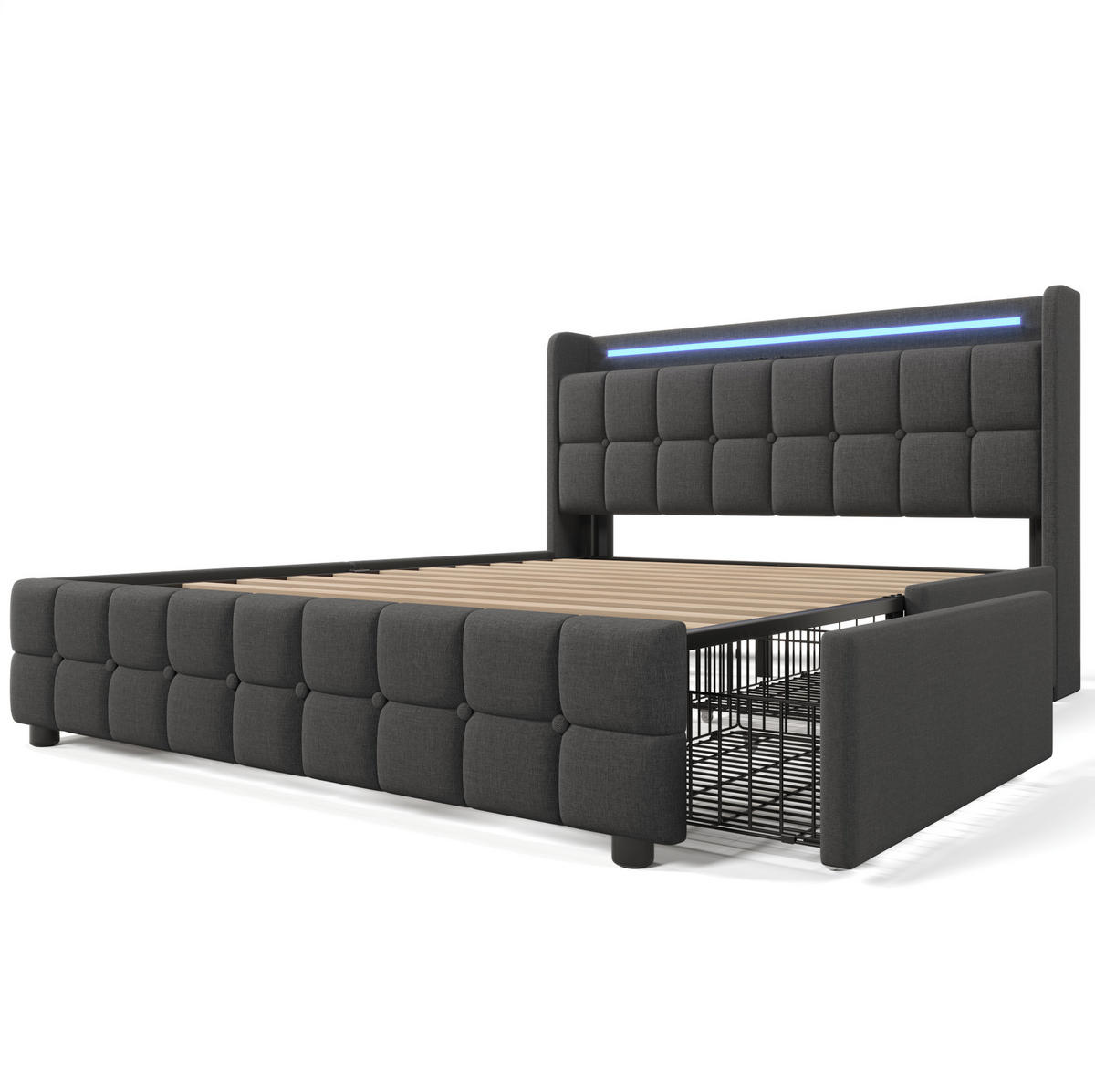 POLSTERBETT 180x200 cm Grau mit LED-Beleuchtung, USB-Anschlüssen, Steckdosen und 4 Schubladen - Grau, Holzwerkstoff (180/200cm) - IVMEU