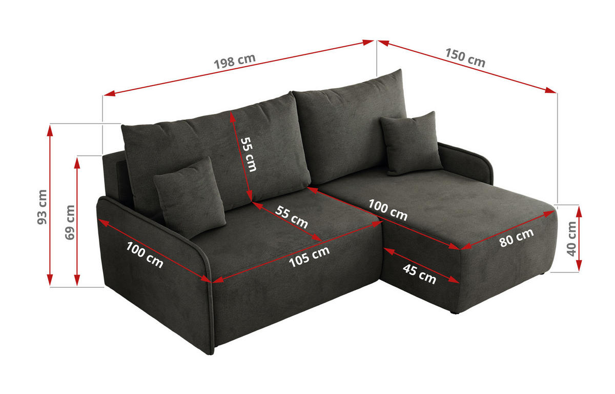 ECKSCHLAFSOFA ARPA L Dunkelgrau Velvet - rechts - Dunkelgrau/Schwarz, Kunststoff/Textil (150/198cm) - MKS