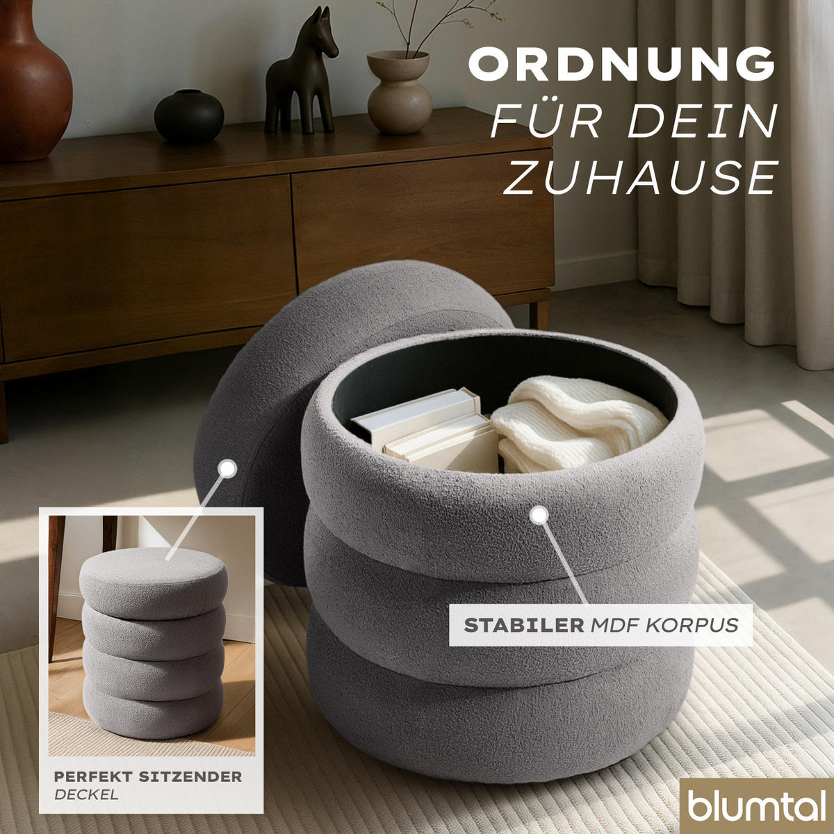 SITZHOCKER mit Stauraum Rund – Weicher Bouclé Pouf Grau - Grau, Textil (42/47/42cm) - Blumtal