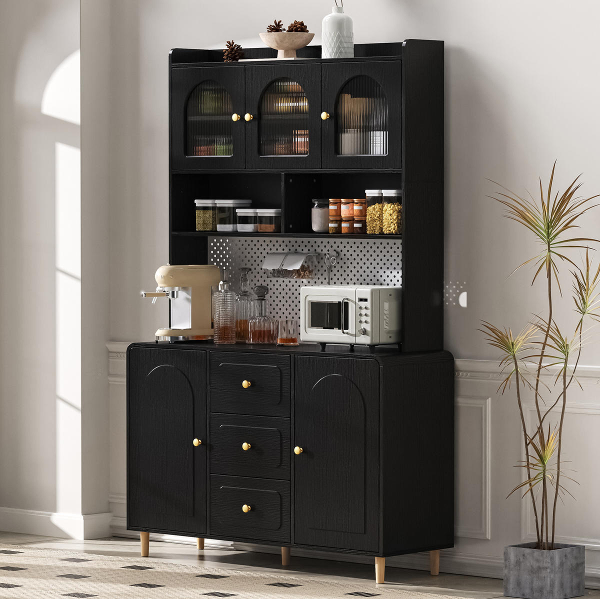 BUFFET 120x40x190 cm Schwarz mit Fluted Glas & Lochplatte - Schwarz, Holzwerkstoff (120/190/40cm) - Modfu