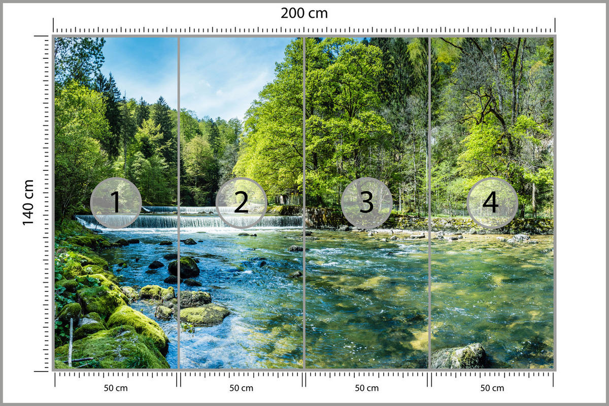 FOTOTAPETE für Wohnzimmer Landschaft Steinerne Fluss Wald Bäum 200x140 - Türkis/Blau, Papier (200/140cm) - Muralo