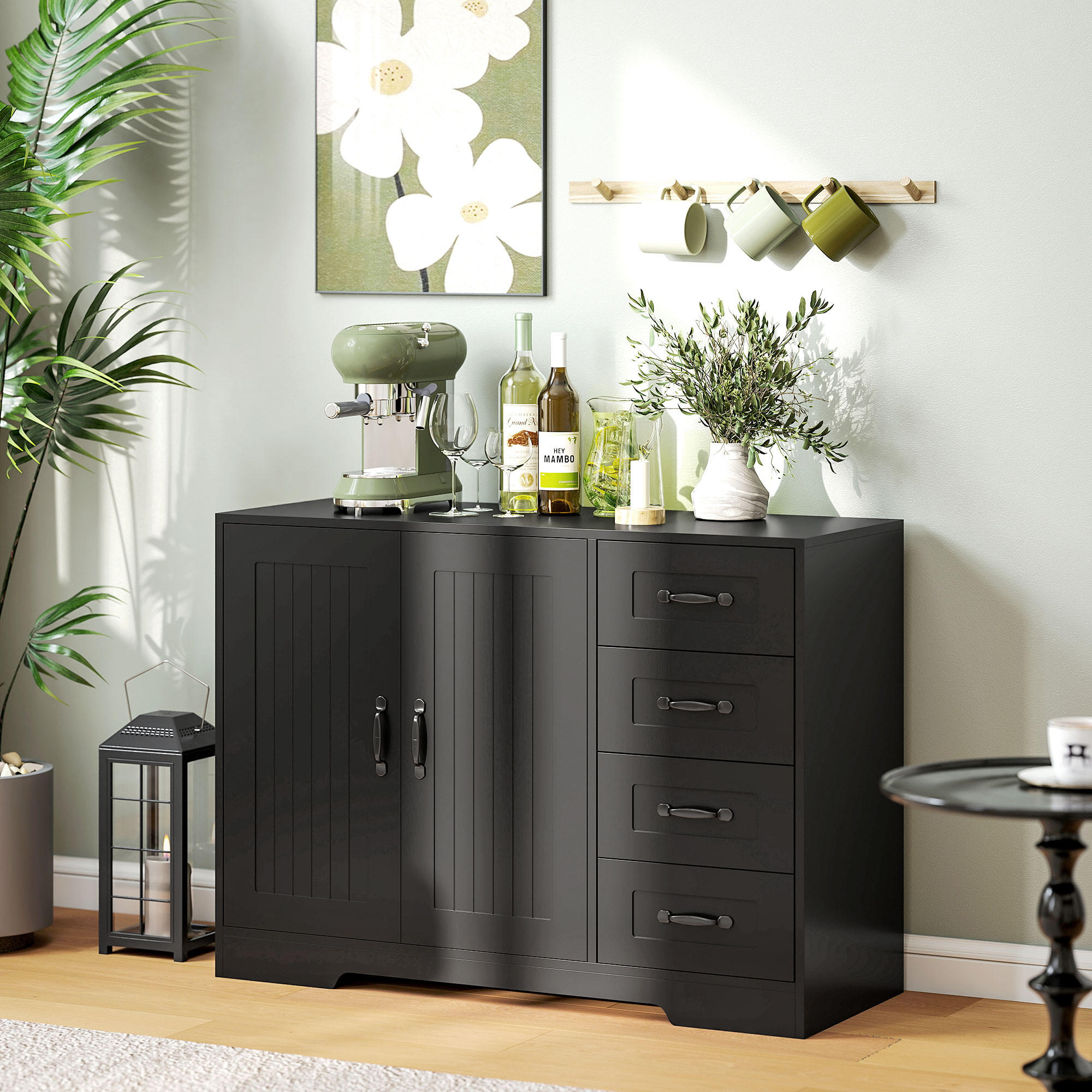 SIDEBOARD, Beistellschrank mit 4 Schubladen, verstellbarer Einlegeboden, Schwarz - Schwarz, Holzwerkstoff/Metall (40/76/105cm) - HOMCOM