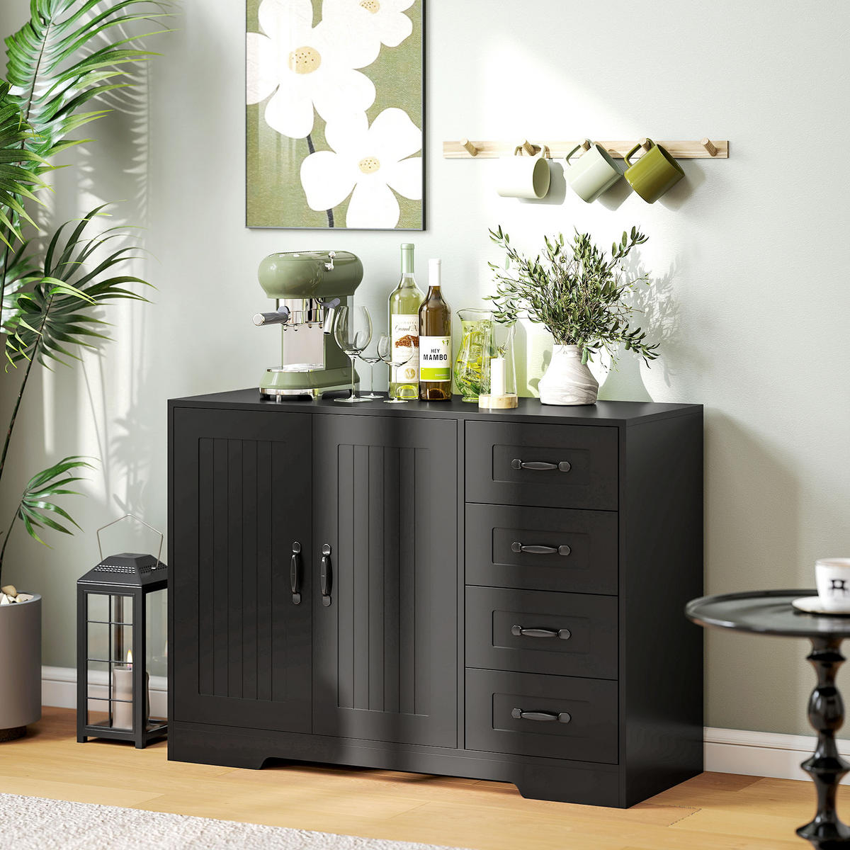 SIDEBOARD, Beistellschrank mit 4 Schubladen, verstellbarer Einlegeboden, Schwarz - Schwarz, Holzwerkstoff/Metall (40/76/105cm) - HOMCOM