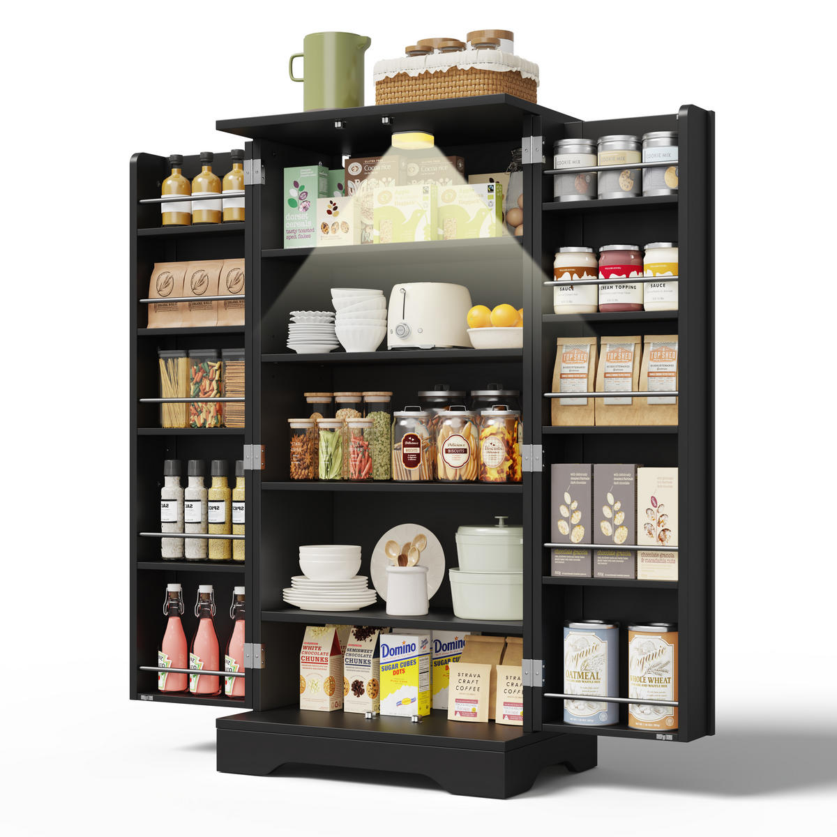 KÜCHENBUFFET mit LED-Beleuchtung und verstellbaren Einlegeböden, 60 x 40 x 120 cm, Schwarz, MDF - Schwarz, Holzwerkstoff (60/120/40cm) - SONNENH