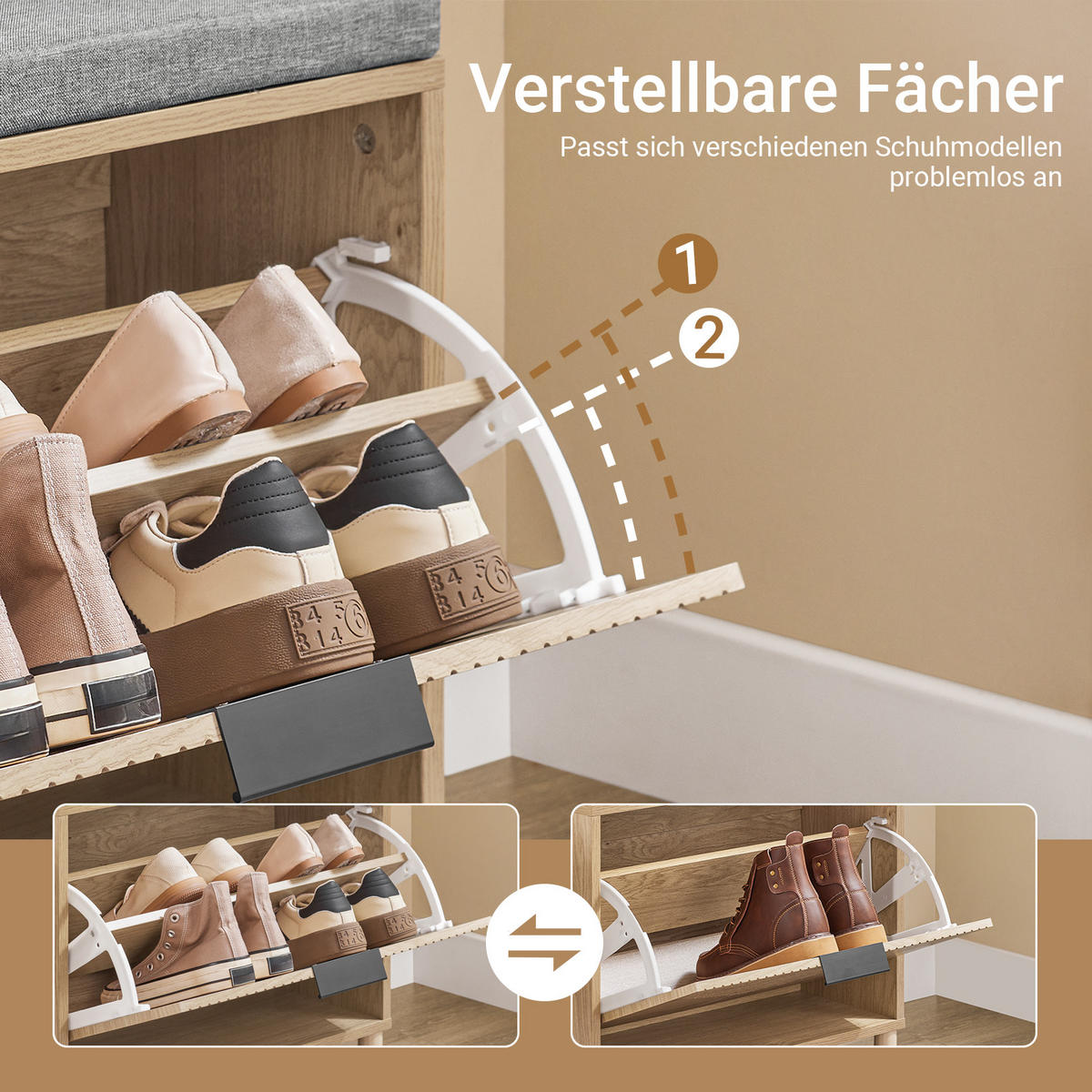 SCHUHBANK mit Sitzfläche, Natur+Grau - Naturfarben, Holzwerkstoff (60/50/24cm) - SoBuy