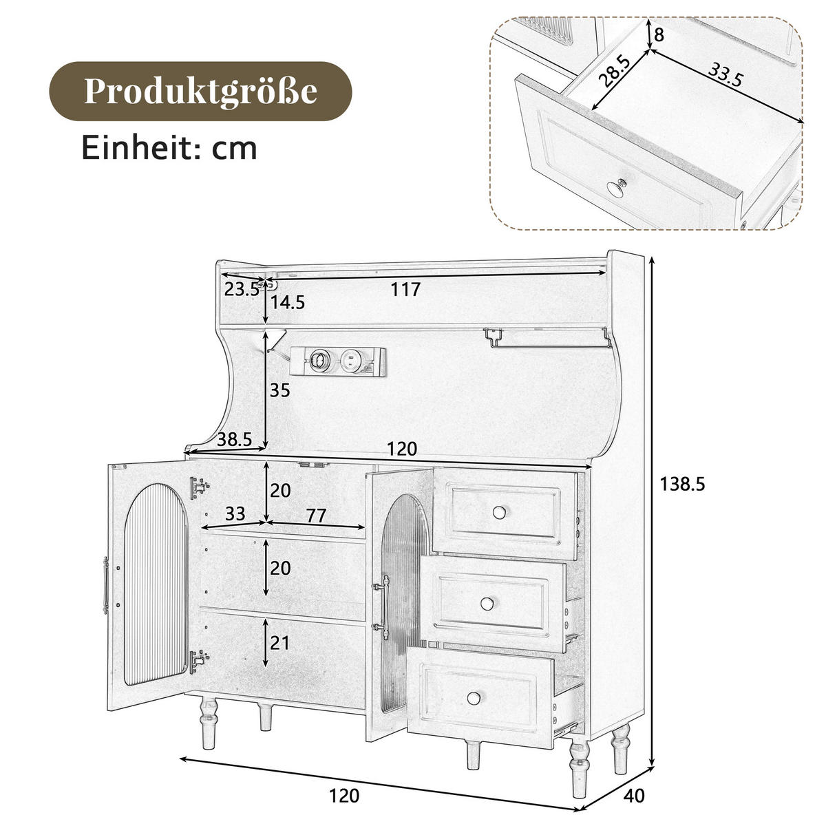 SIDEBOARD in Schwarz mit Steckdose - Schwarz, Holzwerkstoff (120/139/40cm) - Urban Meuble