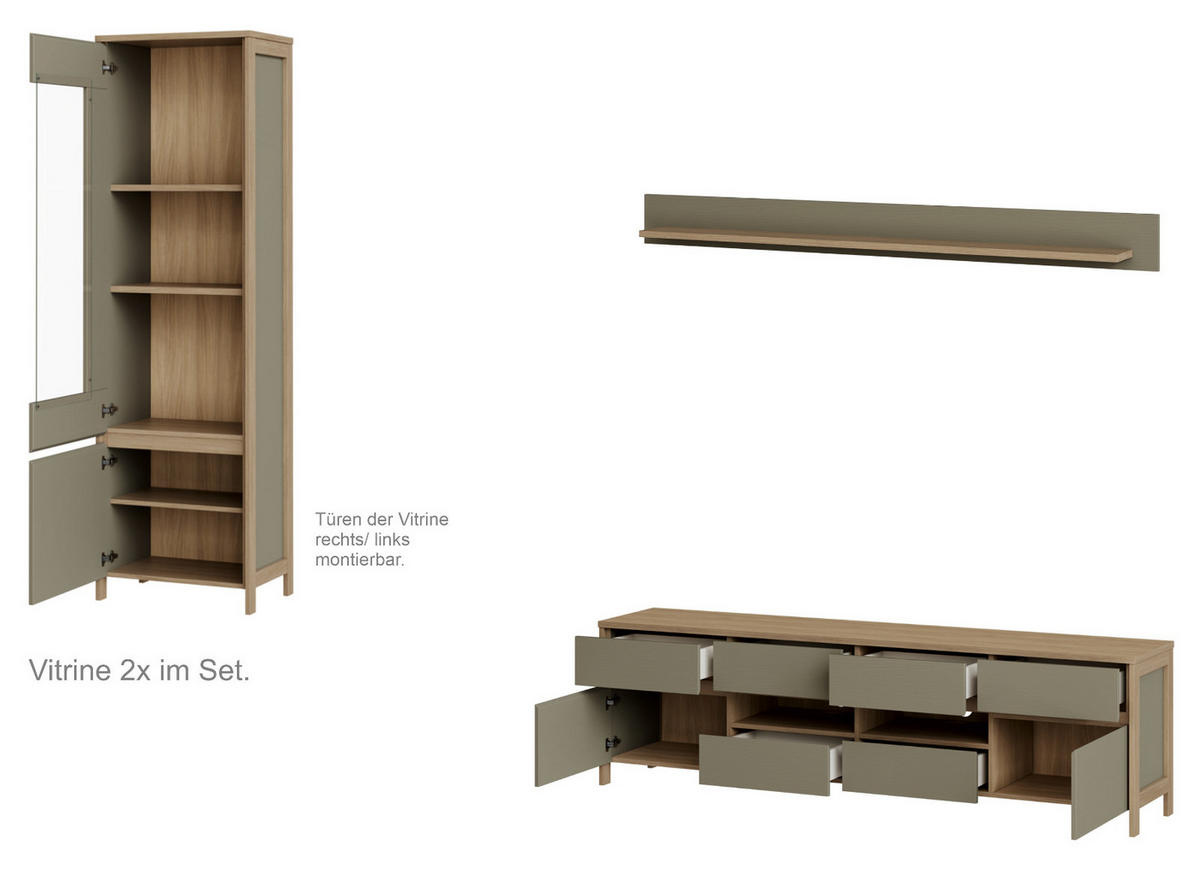 WOHNWAND Salbei grün, Eiche, Wohnkombination skandinavisch 4-teilig 339 cm, Soft-Close - Salbeigrün/Eichefarben, Glas/Holzwerkstoff (339/195/39cm) - Furn.Design