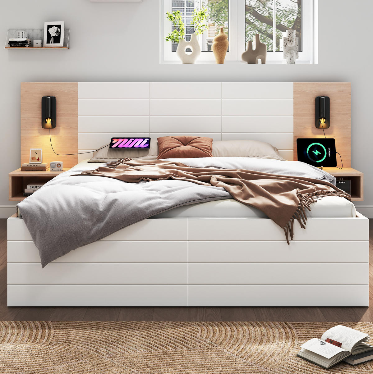 BETT 140/200 cm mit Kopfteil, 2 Schubladen, USB & Leselicht, inkl. Lattenrost - Weiß, Holzwerkstoff (140/200cm) - BEAOK