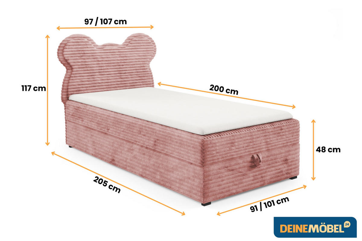 BOXBETT TEDDY 100/200 Cord-Samt Rosa H3 - Rosa, Holz/Holzwerkstoff (100/200cm) - Deine Möbel 24