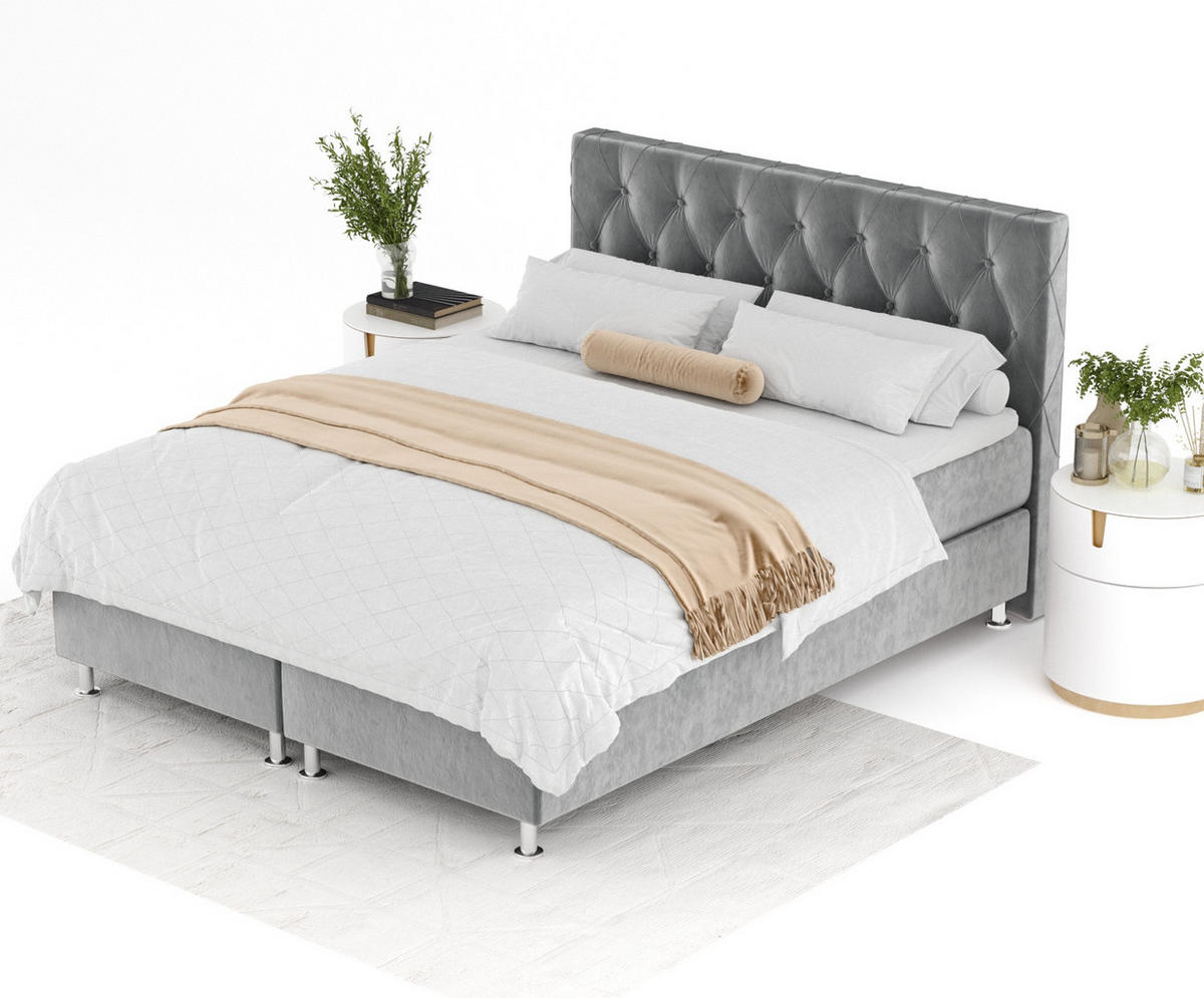 BOXSPRINGBETT Otus Grau 180/200 cm mit Latex-Topper - Silberfarben/Grau, Holz/Holzwerkstoff (180/200cm) - Maison de Reve