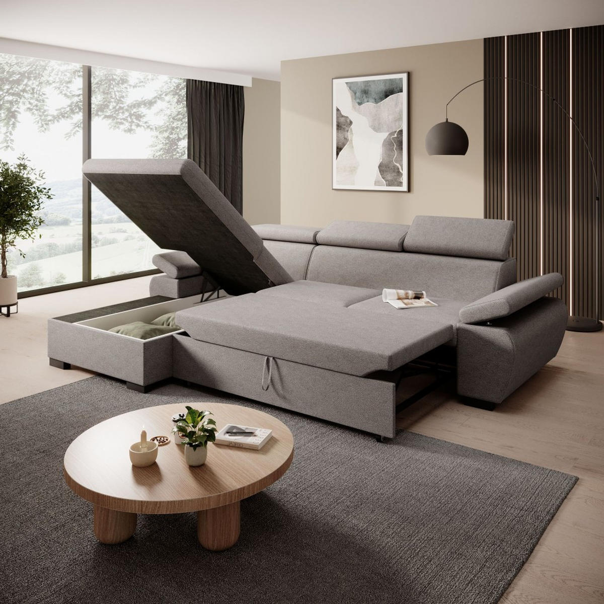 ECKSCHLAFSOFA Coco mit verstellbare Kopfstützen, grau, links - Grau, Textil (273/191cm) - Beautysofa