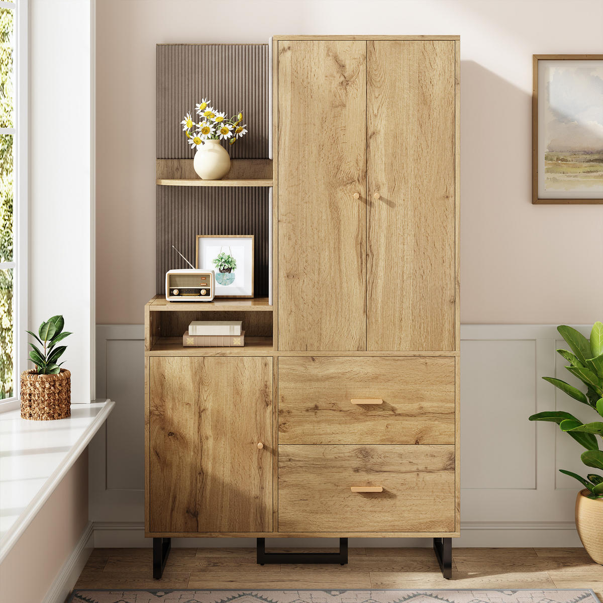 GARDEROBENSCHRANK in Naturfarben Garderobenschrank mit Schuhschrank und Schubladen für Flur, B110/T38/H186 cm - Schwarz/Naturfarben, Holzwerkstoff/Metall (110/186/38cm) - STILVORA