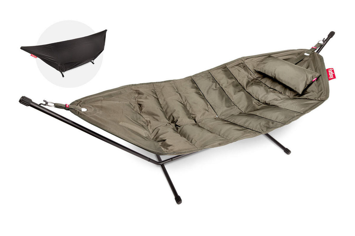 HÄNGEMATTE – Fatboy Headdemock Deluxe Taupe – Outdoor Deluxe für 2 Personen, Metallgestell, Wasserabweisend, UV-beständig, Kissen & Tragetasche - Taupe, Textil (330/110/127cm) - FATBOY