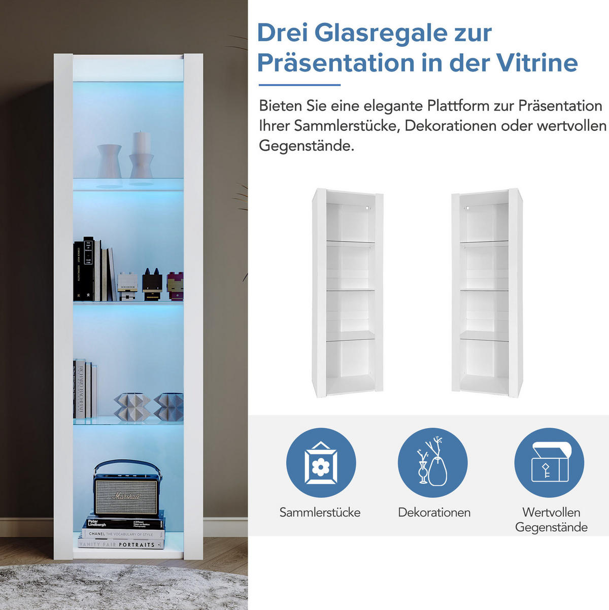 VITRINA 55/38/166 cm bijela, visokog sjaja, s LED osvjetljenjem i 3 staklene police - bijela, drvni materijal (55/166/38cm) - BEAOK
