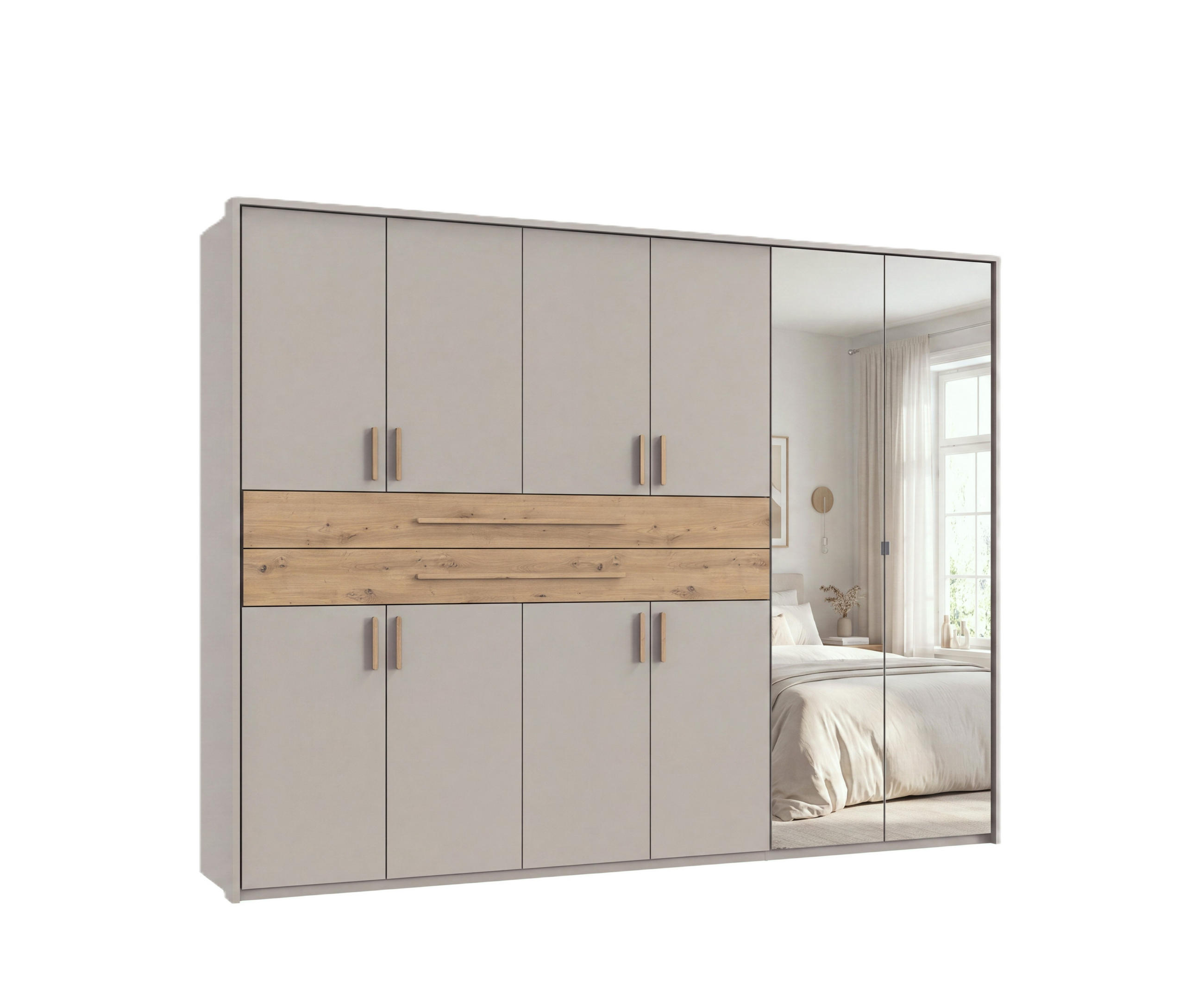 luma-home SKŘÍŇ S OTOČNÝMI DVEŘMI B273/H210/T58 cm, béžovo-šedá, šatní skříň s paspartou, 2 zrcadly, 2 zásuvkami a úchytkami v dekoru dub Artisan / 22
