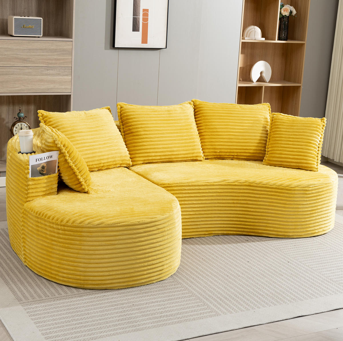ECKSOFA aus Cord 250x152x82 cm Senfgelb mit Getränkehaltern, Seitentaschen und Kissen im modernen Bogendesign - Gelb, Textil (250/152cm) - Modfu