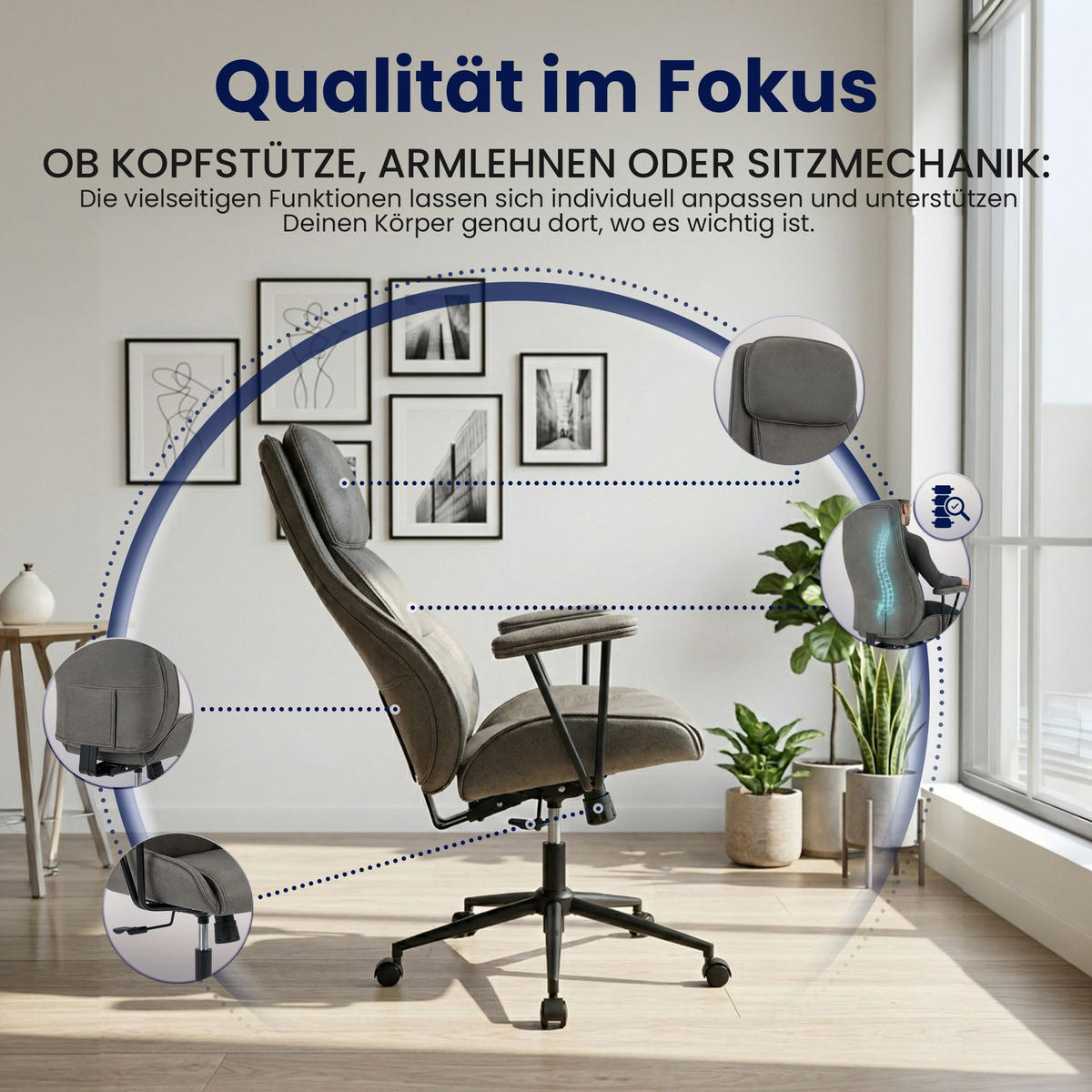 CHEFSESSEL Lederlook Antik-Grau - Schwarz/Grau, Textil/Metall (75/121/65cm) - CLP