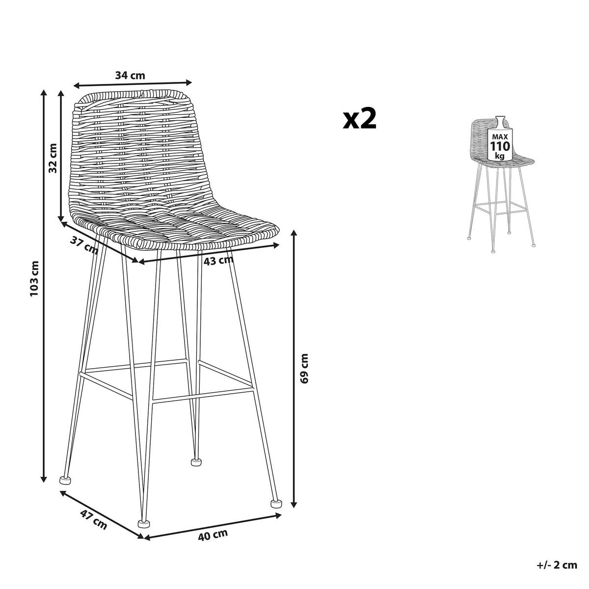 BARHOCKER 2er-Set Rattan Beige Cassita - Beige, Naturmaterialen/Metall (43/103/47cm) - Beliani