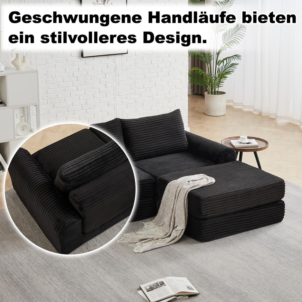 SCHLAFSOFA, Cord mit modularer Fußstütze, als Sofa & Bett, 243/194/53 cm, Schwarz - Schwarz, Textil (243/53/194cm) - Redom