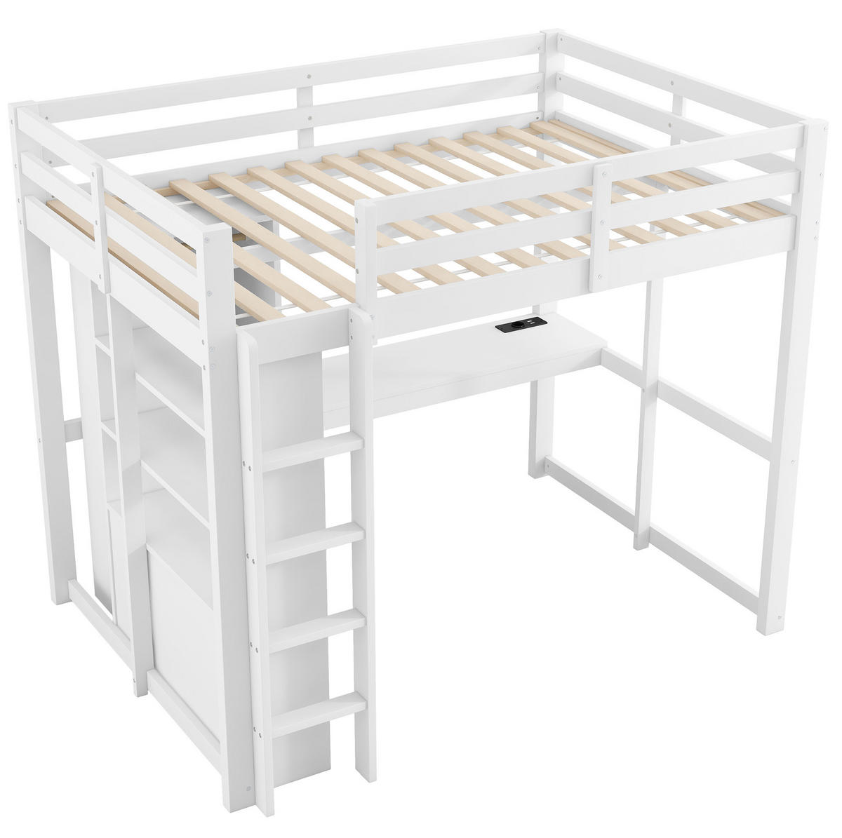 HOCHBETT 140/200 cm aus Kiefernholz und MDF mit Schreibtisch und LED-Beleuchtung Weiß - Weiß, Holz (140/200cm) - Modenvie