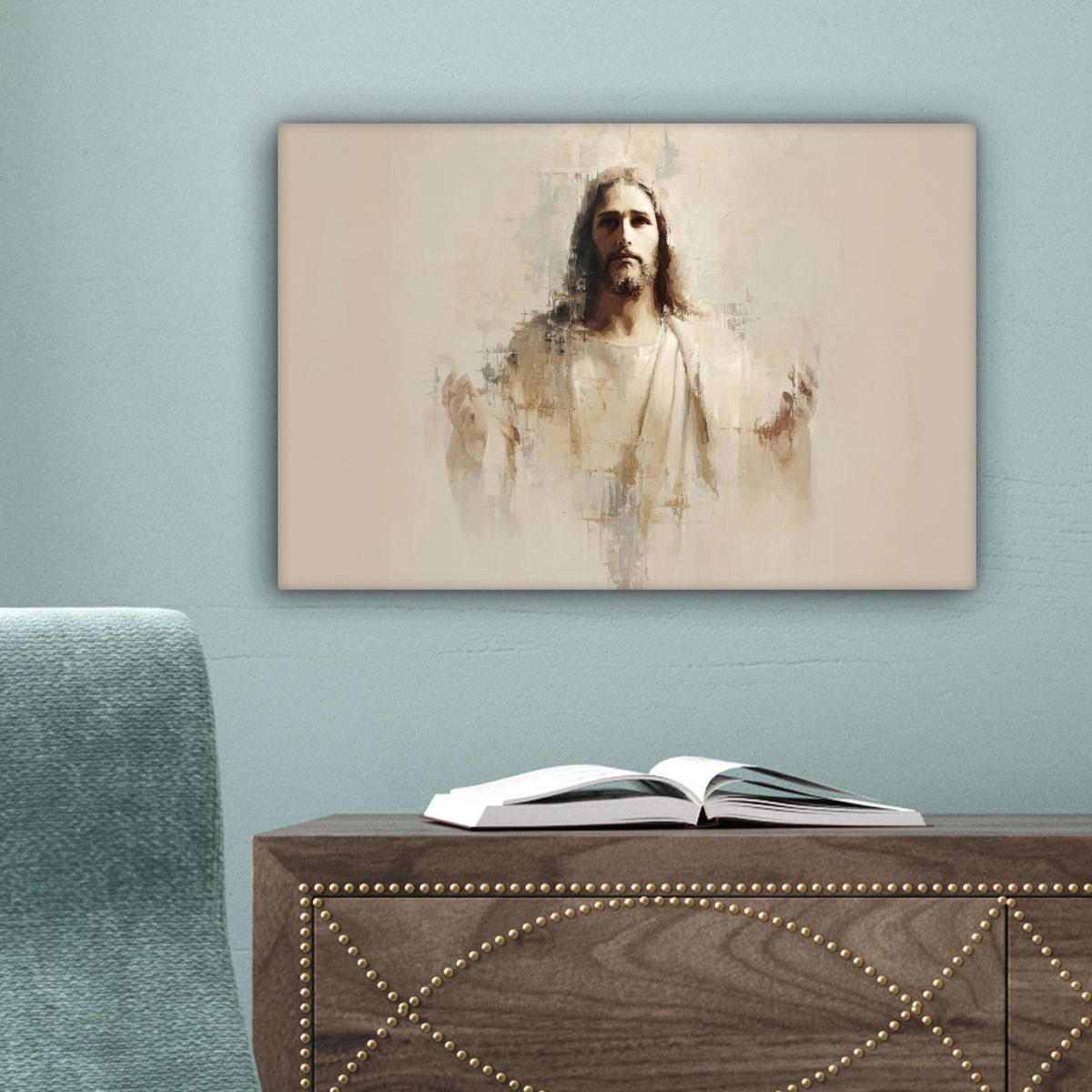 LEINWANDBILD Porträt - Abstrakt - Jesus - Beige Deko Schlafzimmer 30x20 cm - Beige, Textil (30/20cm) - MuchoWow