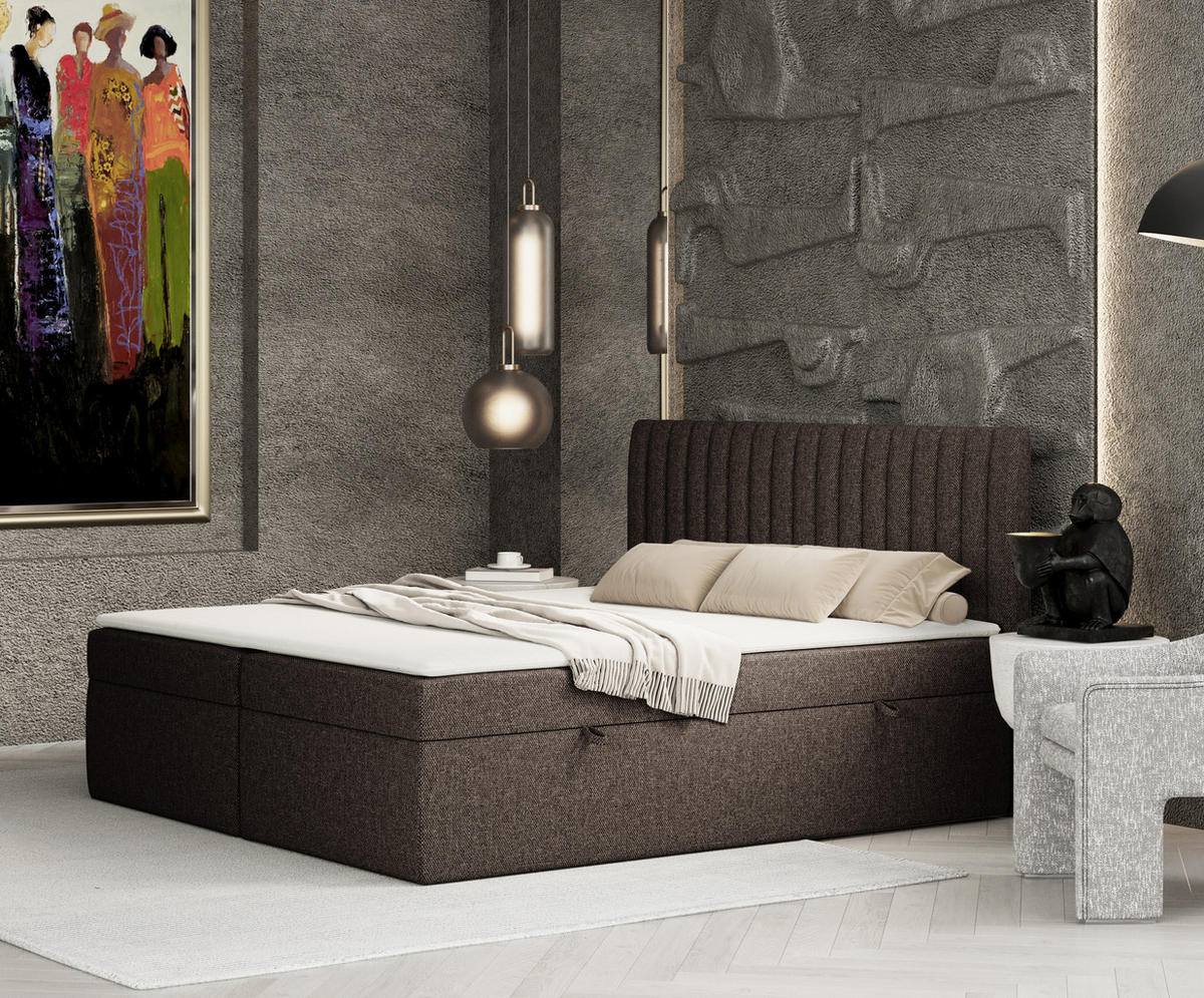 BOXBETT Spencer Braun 180/200 cm mit Matratze und Topper - Schwarz/Braun, Holz/Holzwerkstoff (180/200cm) - Maison de Reve