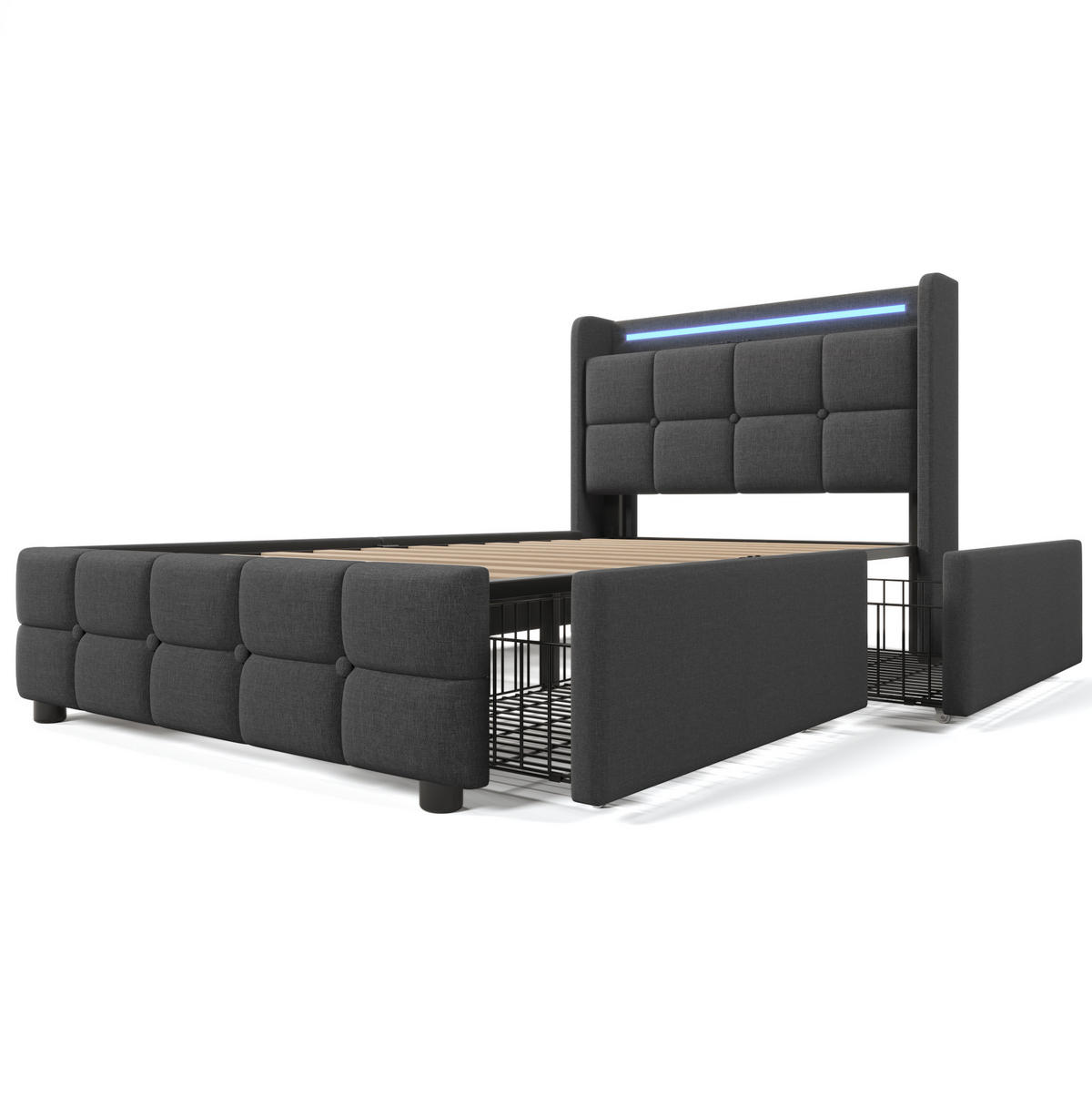 ČALÚNENÁ posteľ 90x200 cm s LED osvetlením, USB portami, 2 zásuvkami a policou, Sivá - sivá, drevo (90/90cm) - Redom