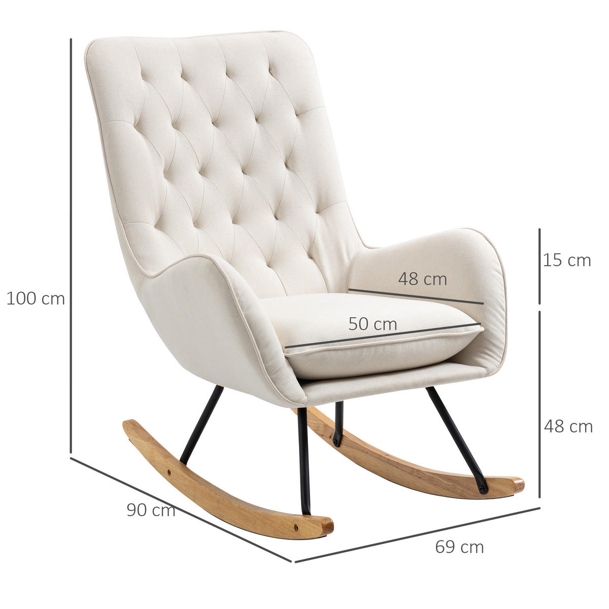 SCHAUKELSTUHL, Relaxstuhl, Cremeweiß - Creme, Holz (90/100/69cm) - HOMCOM