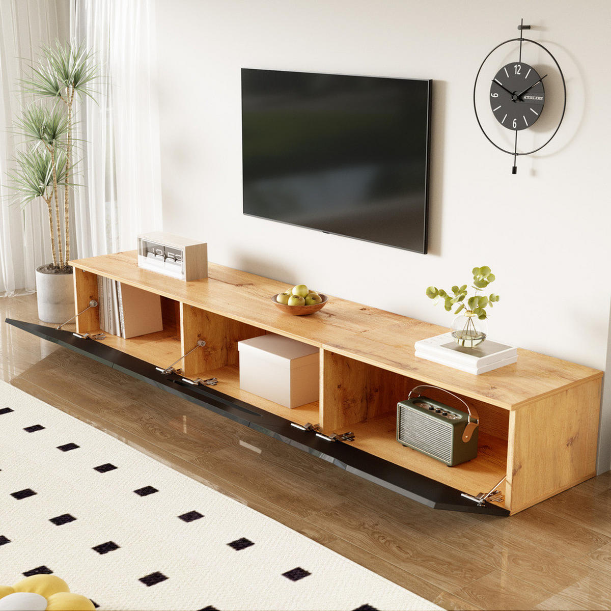 TV-SCHRANK 180cm Hochglanz 16-Farben-LED wandmontierbar Schwarz Natur - Schwarz, Holz (46/16.5/133cm) - FLIEKS