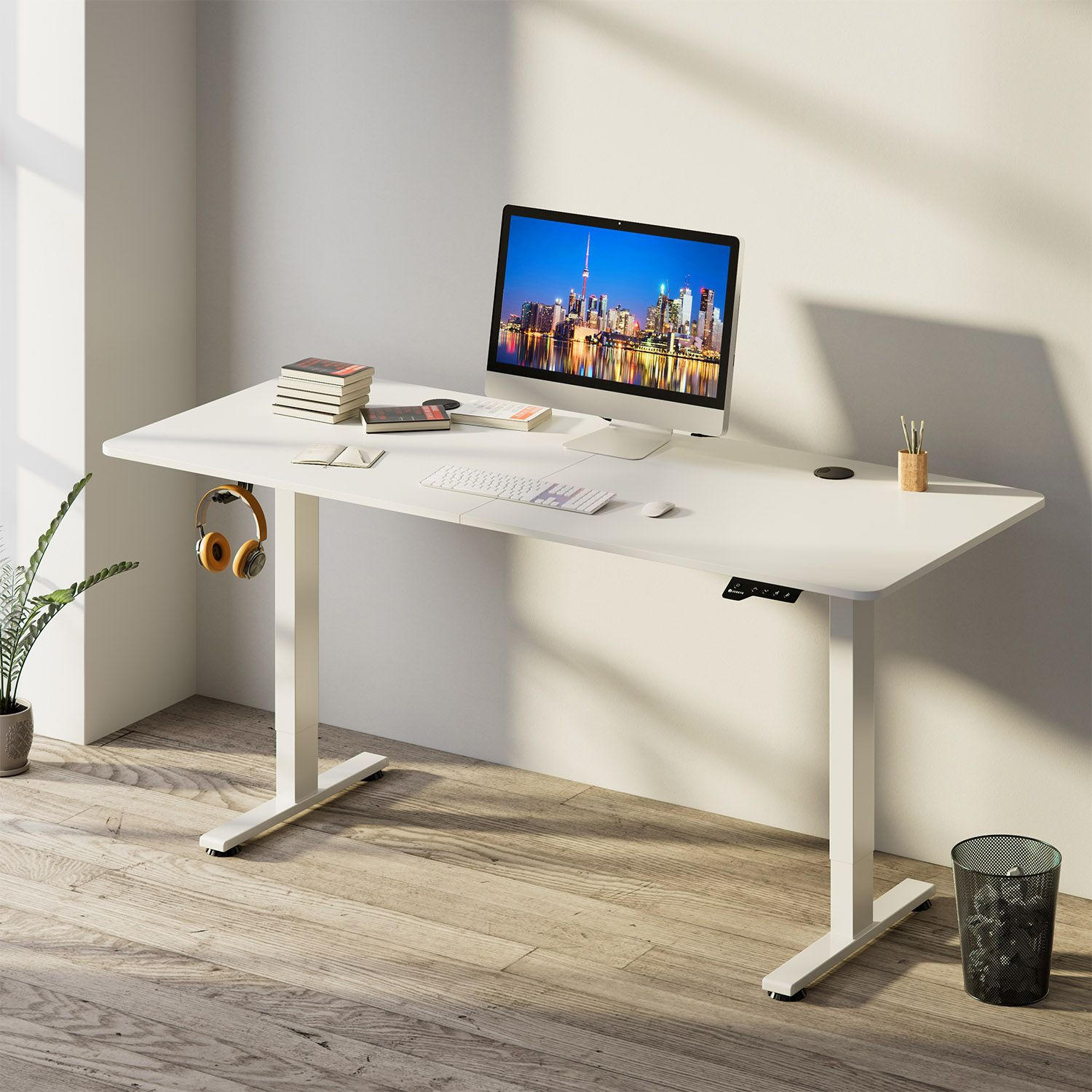 SCHREIBTISCH Office Stand weiß 140x60 cm höhenverstellbar - Weiß, Holz (60/140/117cm) - Juskys
