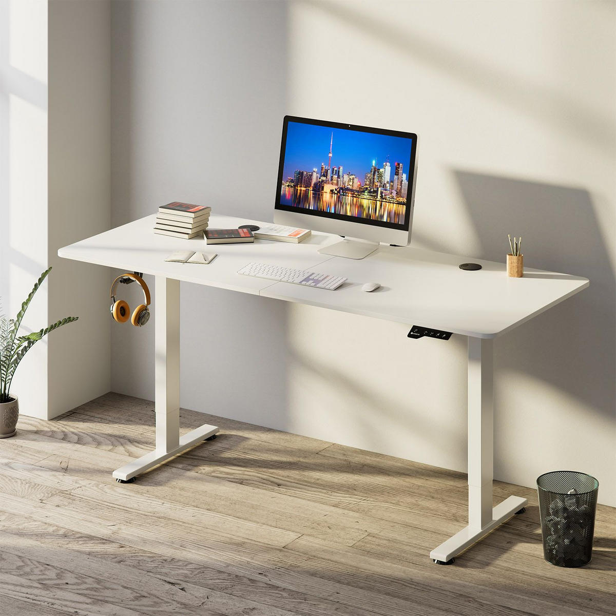 SCHREIBTISCH Office Stand weiß 140x60 cm höhenverstellbar - Weiß, Holz (60/140/117cm) - Juskys