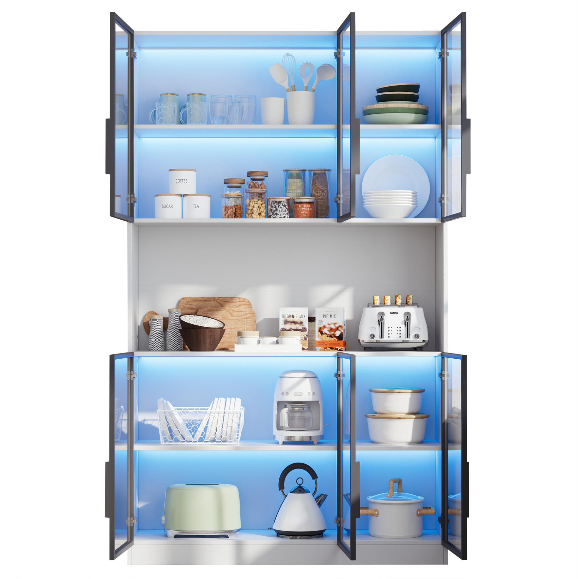 VITRINE 120/34/200 cm in Weiß mit 6 Glastüren und LED-Beleuchtung - Weiß, Holzwerkstoff (120/200/34cm) - Flora Grace