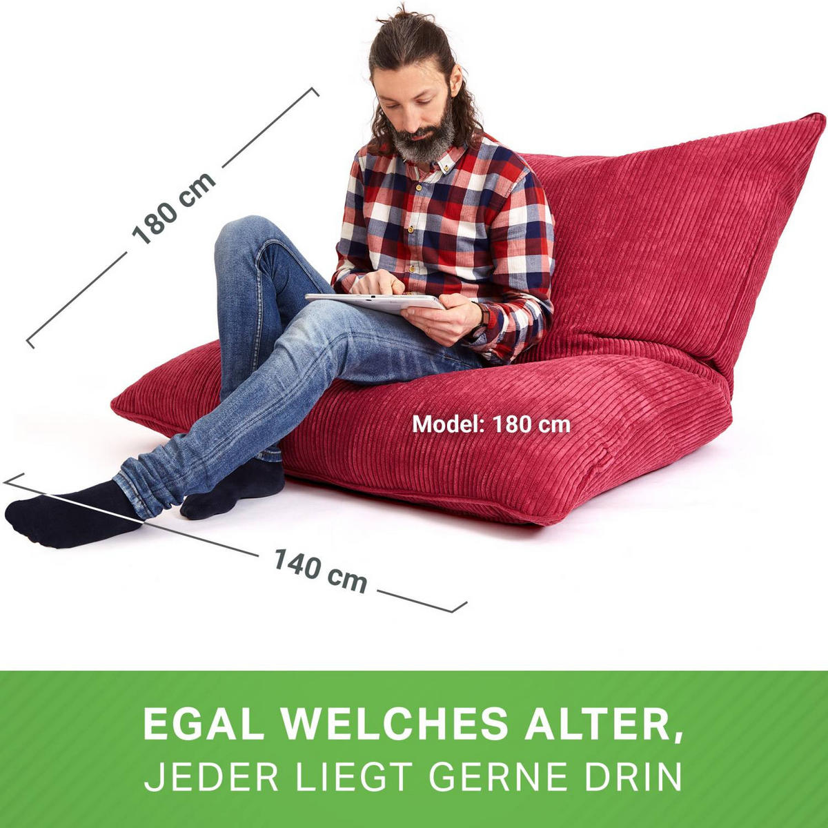 SITZSACK XXL "Square" aus Cord – 370 L - Rot, Textil (140/25/180cm) - Green Bean