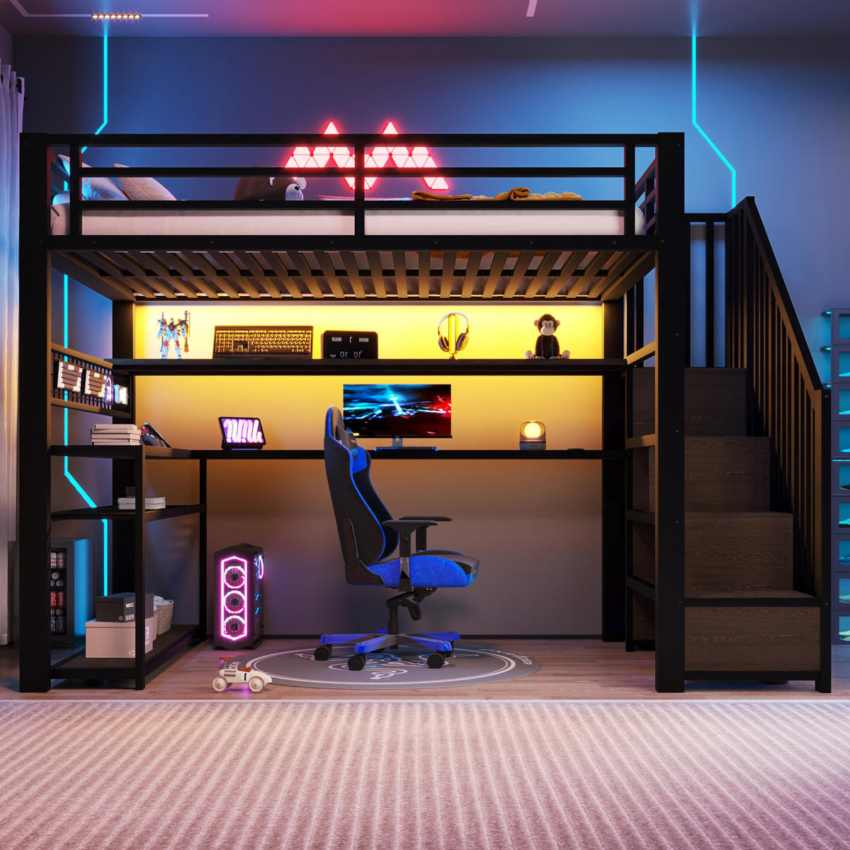 HOCHBETT 90/200 cm Schwarz mit LED, Schreibtisch und Stauraum - Schwarz, Metall (90/200cm) - MIVRAY