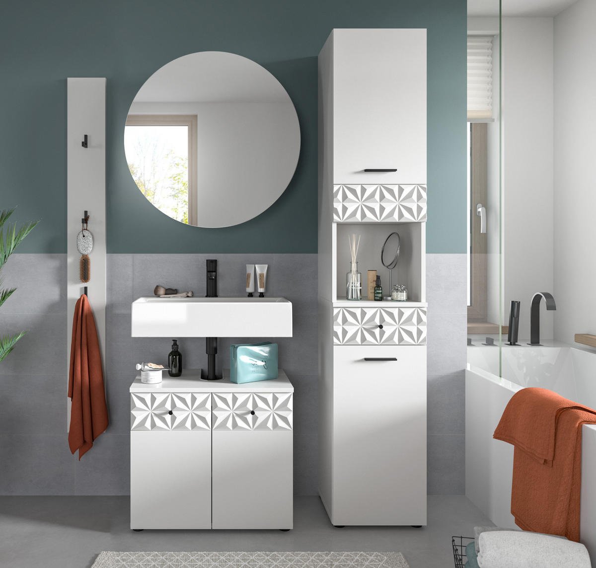 BADMÖBEL-SET weiß Hochglanz 4-teilig 150 cm, Komplettset mit 3D-Struktur - Weiß Hochglanz, Glas/Holzwerkstoff (151/187/37cm) - Inn.Furn