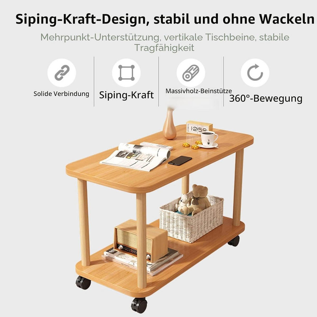 BEISTELLTISCH 2-Ebenen Holz mit Rollen - Braun, Holzwerkstoff (30/60/47cm)