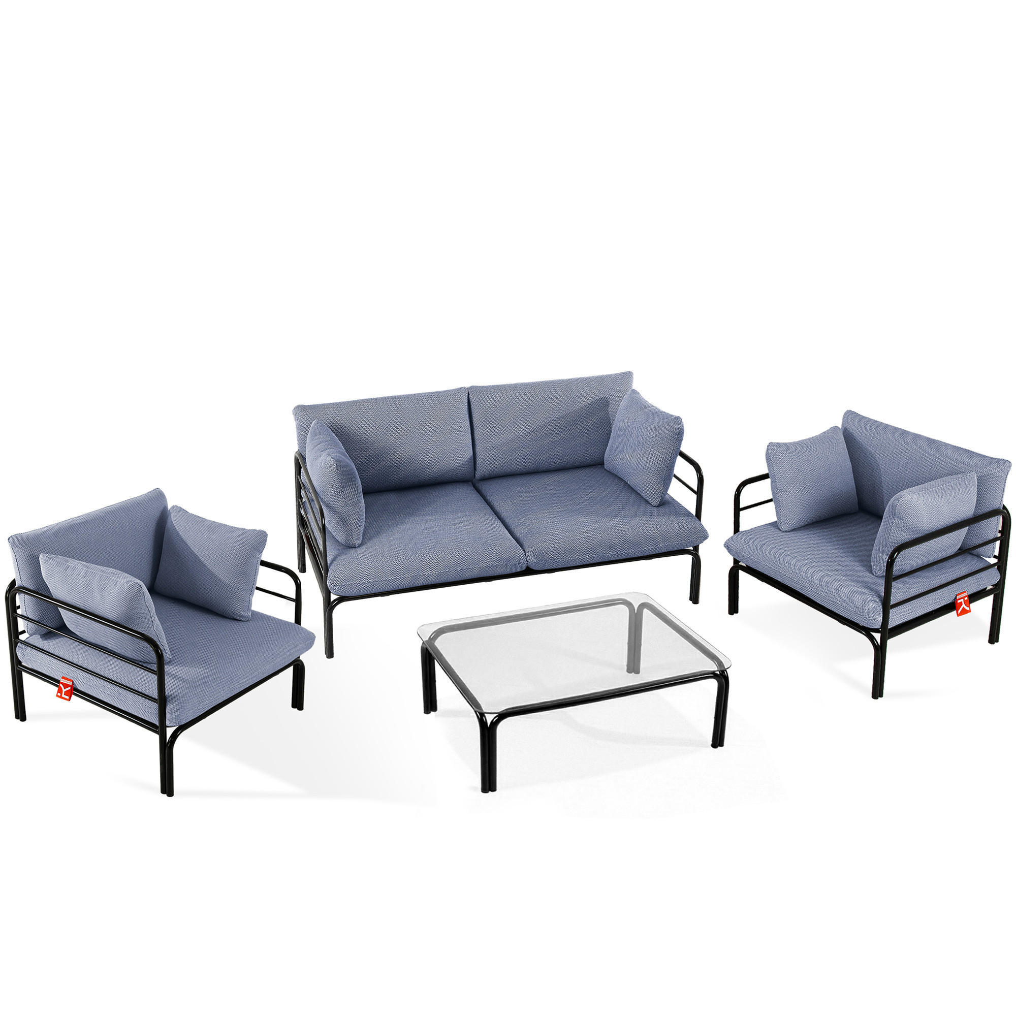 GARTENMÖBELSET RAMBE 4-tlg. 1x Tisch 2x Sessel 1x Sofa 2-Sitzer, mit Kissen, LOFT-STIL, Anthrazit - Anthrazit/Dunkelblau, Glas/Textil - KONSIMO®