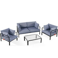 GARTENMÖBELSET RAMBE 4-tlg. 1x Tisch 2x Sessel 1x Sofa 2-Sitzer, mit Kissen, LOFT-STIL, Anthrazit - Anthrazit/Dunkelblau, Glas/Textil - KONSIMO®