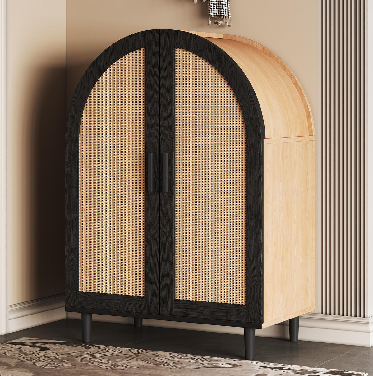 BOTNÍK z MDF a dřevotřísky 70x100x40 cm přírodní/černý se 2 ratanovými dvířky, 3 policemi a tlumeným dovíráním - přírodní, kompozitní dřevo (70/100/40cm) - Modfu
