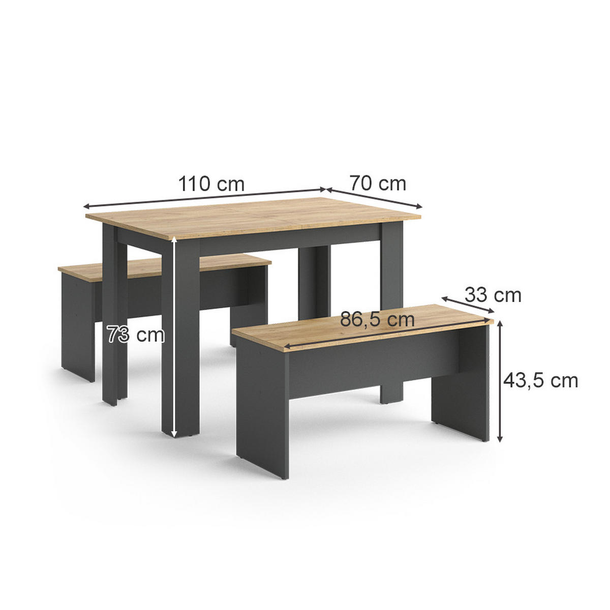 ESSTISCH SET Sentio Anthrazit 110 x 70 cm mit 2 Bänken - Anthrazit, Holzwerkstoff (110/73/70cm) - Vicco