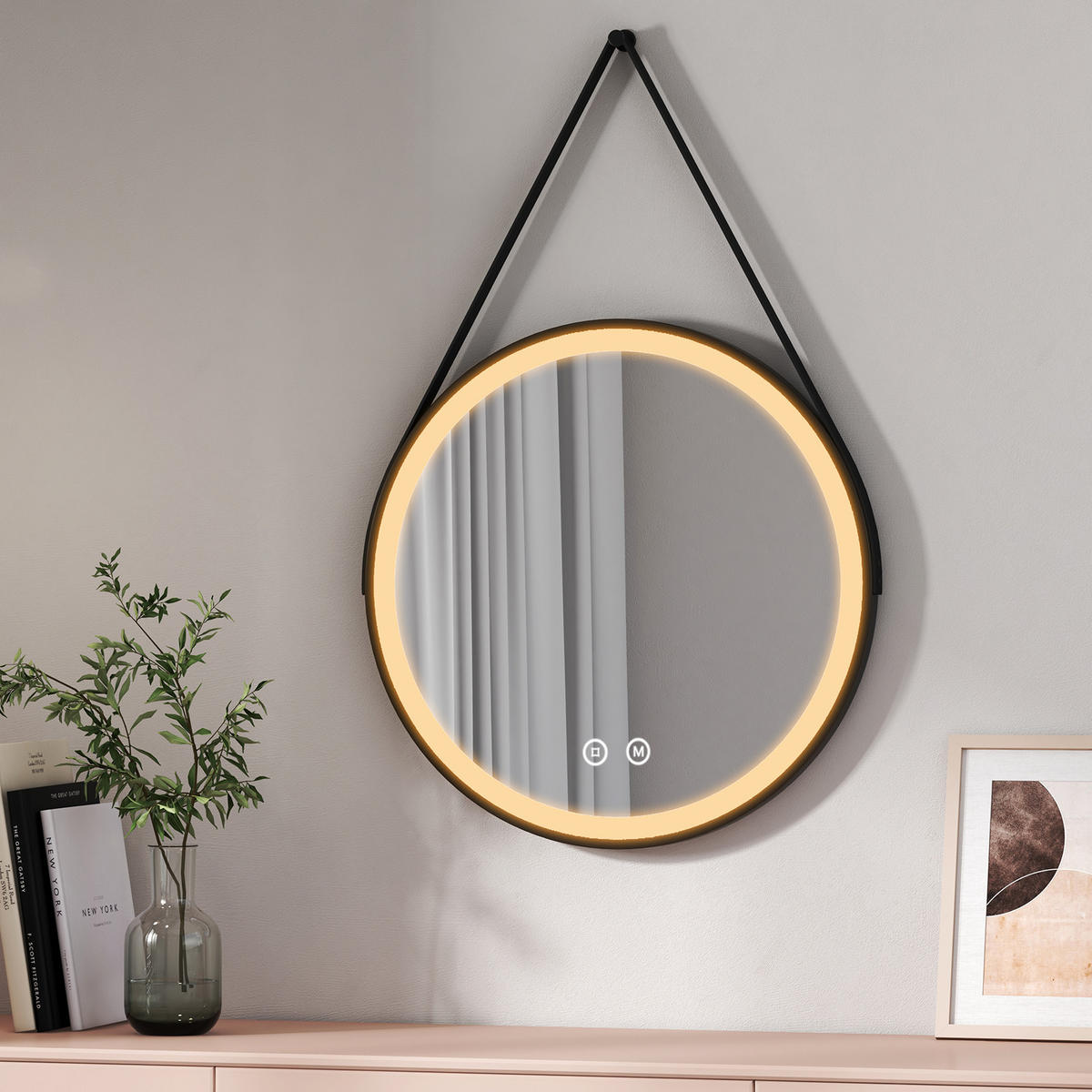 BADSPIEGEL Rund mit Touch-Schalter Beleuchtung mit Hängeriemen Schwarz ф60 cm - Schwarz, Glas (60/3/60cm) - EMKE