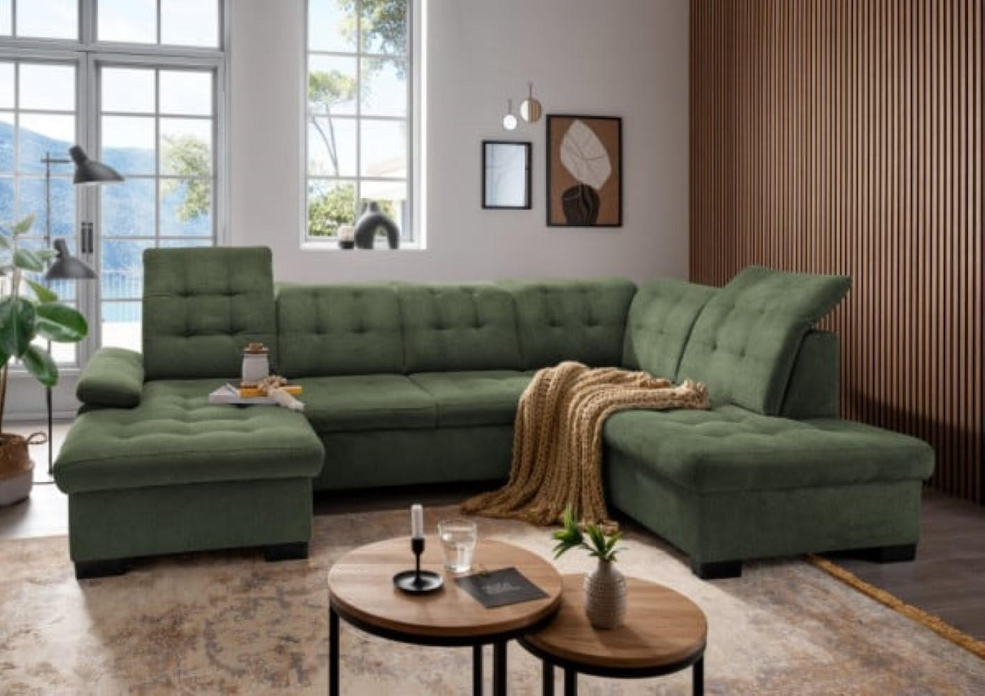 WOHNLANDSCHAFT mit Schlaffunktion und Bettkasten, verstellbare Kopflehnen - Schwarz/Grün, Kunststoff/Textil (216/163/305cm) - myHomelando