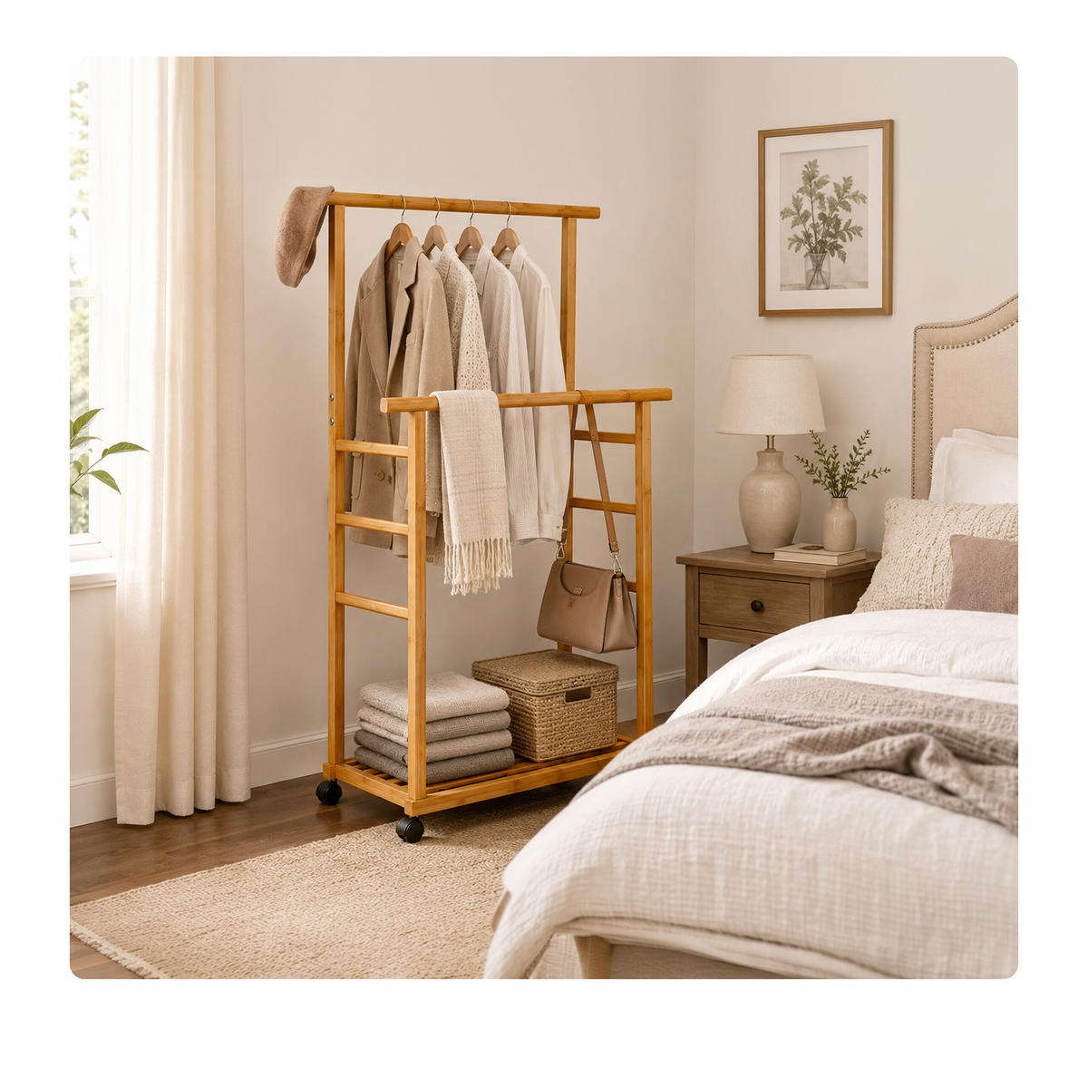 KLEIDERSTÄNDER Natur Bambus mit Rollen und Ablage - Hellbraun, Holz/Kunststoff (80/148/36cm) - Relaxdays