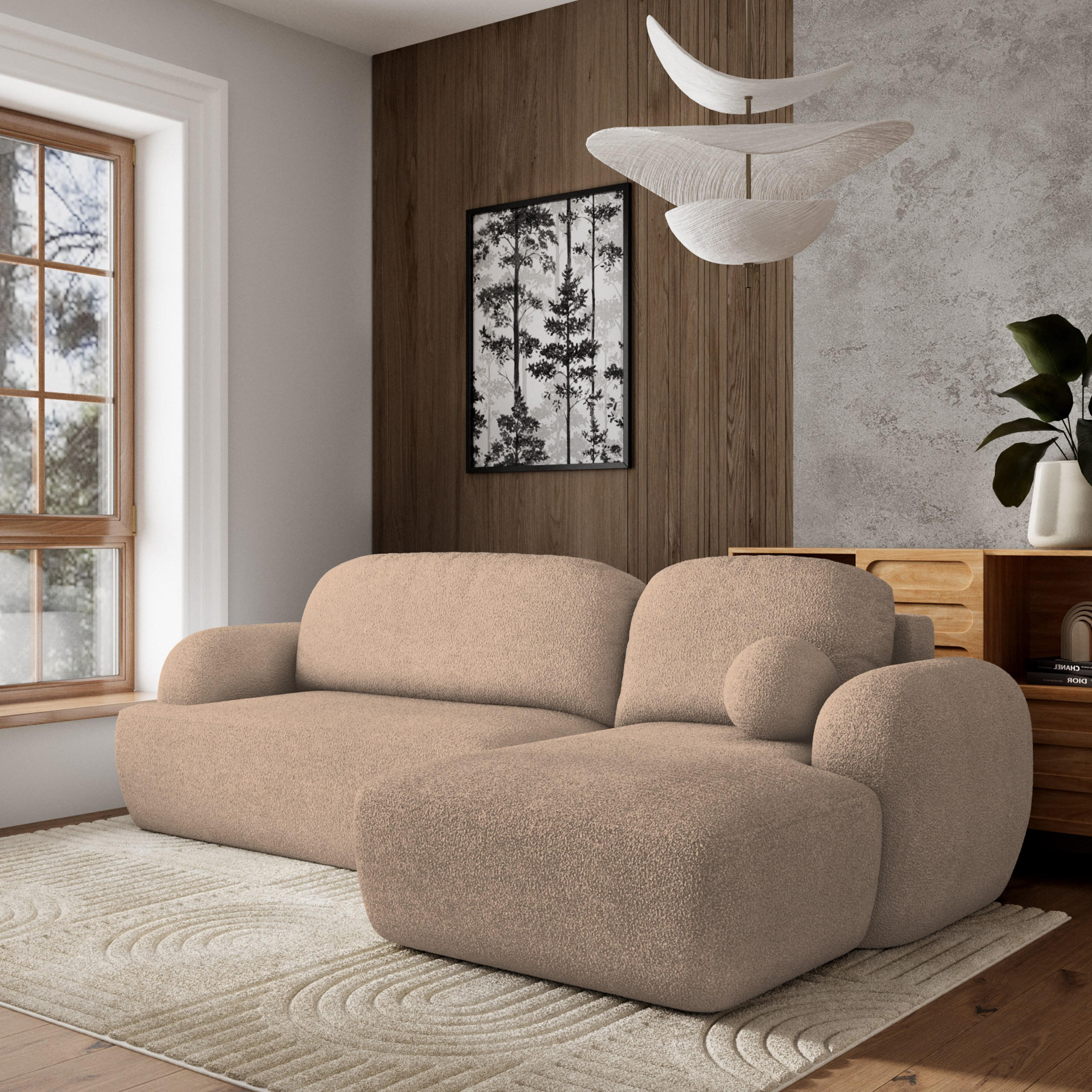 ECKSOFA MODENZA N R-S Beige Boucle-Stoff mit Schlaffunktion - Beige, Holz (266/148cm) - MASSENO