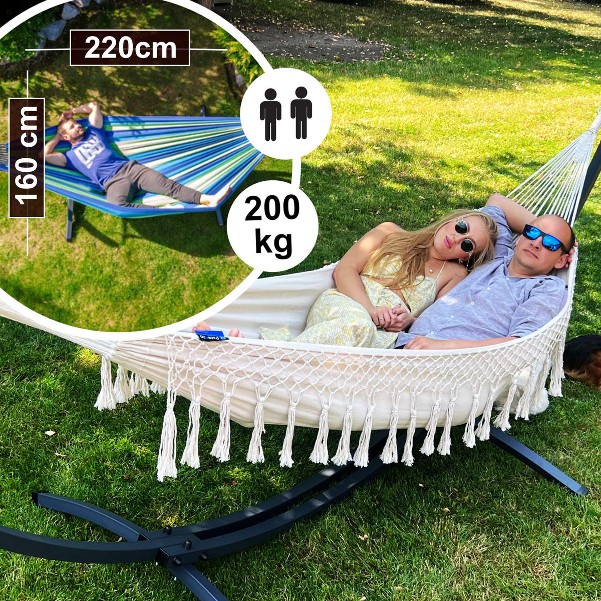 HÄNGEMATTE mit Gestell, 2 Personen, XXL, 200 kg, Metall, Santia Beige, einfache Montage - Beige, Metall (370/130/120cm) - Potenza