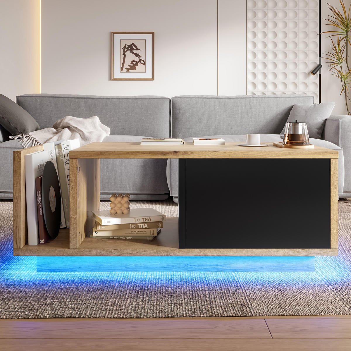 COUCHTISCH Naturfarben mit LED und Stauraum 99.5/53/38 cm - Naturfarben, Holzwerkstoff (53/99.5/38cm) - PANGIVO