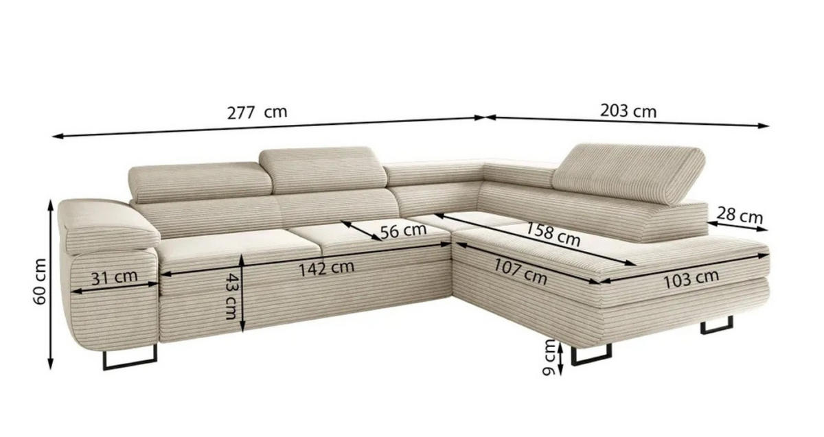 ECKSOFA ATOMIC Mit Schlaffunktion, Stoff Poso, Ecru, Rechts - Ecru, Holz (277/203cm) - Kaiser Möbel