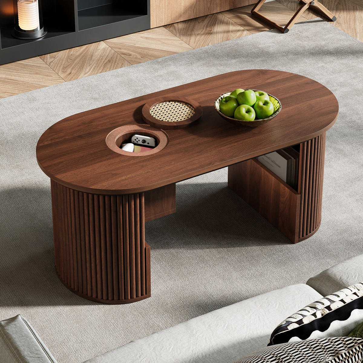 COUCHTISCH 105/50/46,5 cm Nussbaum aus Holzwerkstoff mit Stauraumfächern und abgerundeten Ecken - Nussbaumfarben, Holzwerkstoff (105/50/46.5cm) - OKWISH