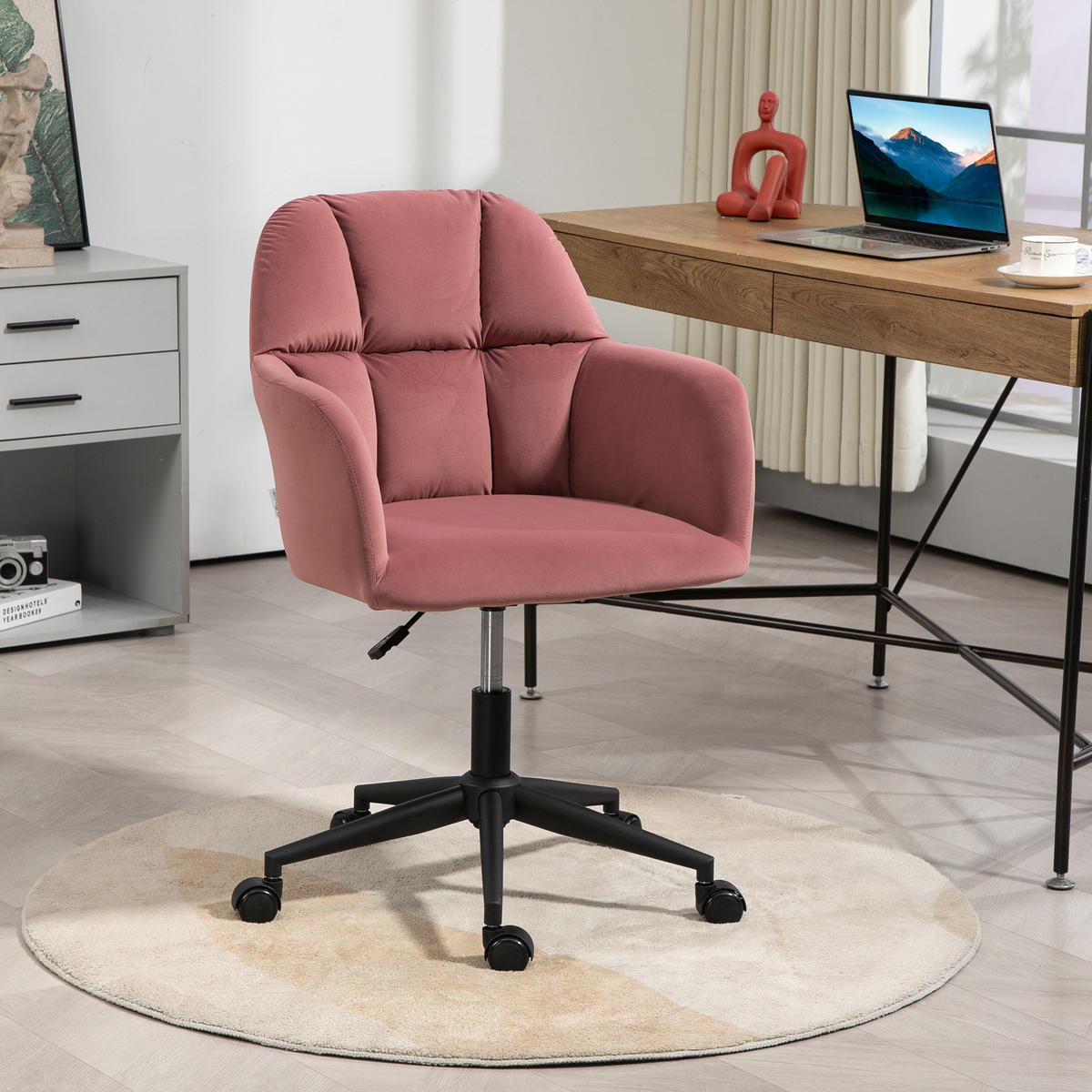 BÜROSTUHL, Höhenverstellbarer Schreibtischstuhl mit Samtoptik, Rückenlehne - Rosa, Kunststoff (58.5/86/58cm) - Vinsetto