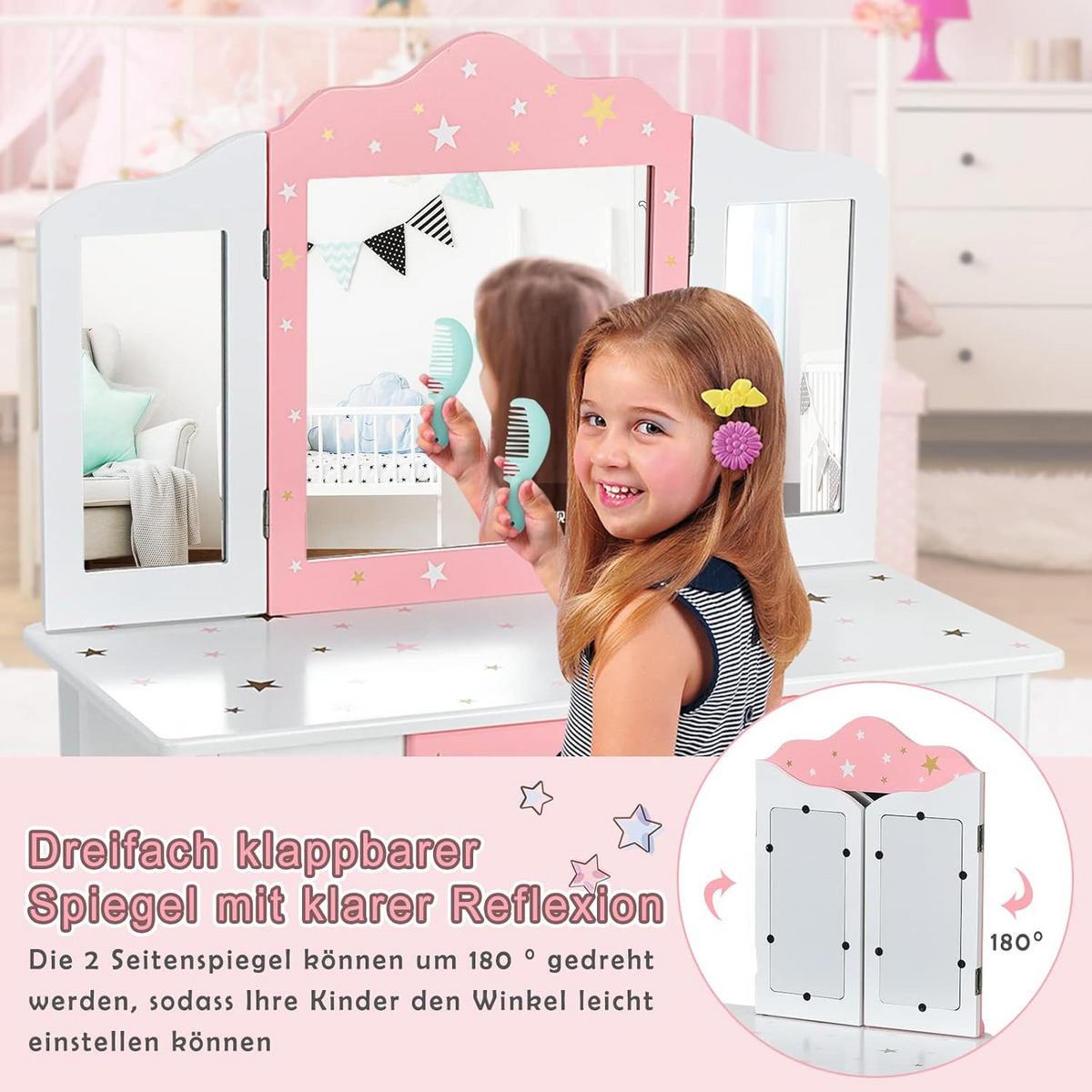 KINDER SCHMINKTISCH mit Hocker Weiß - Weiß, Holz (70/105/34cm) - COSTWAY